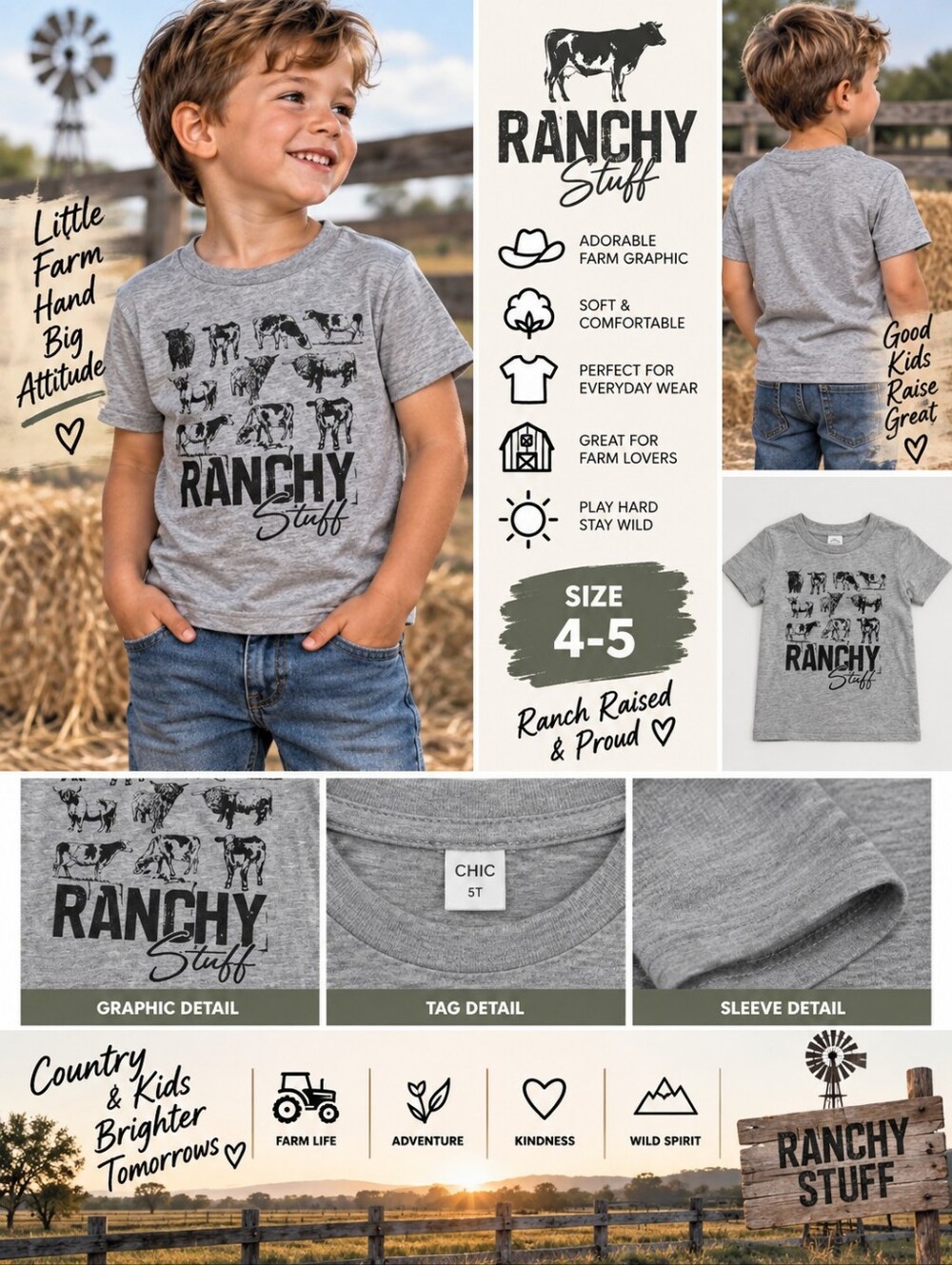 Chic boys size 4-5 grey farm ranch cow shirt #34